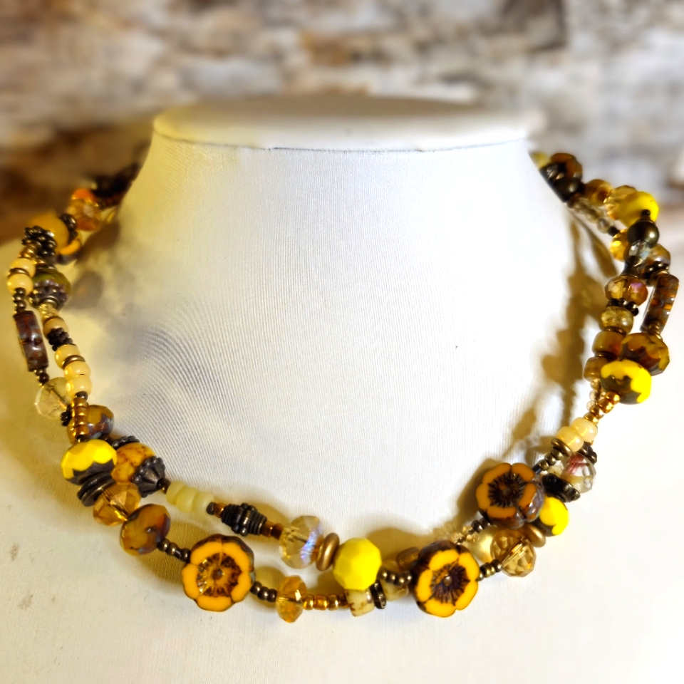 Sunflower Yellow Glass Druid Wrapped Flower Wreath Necklace Choker In Brass